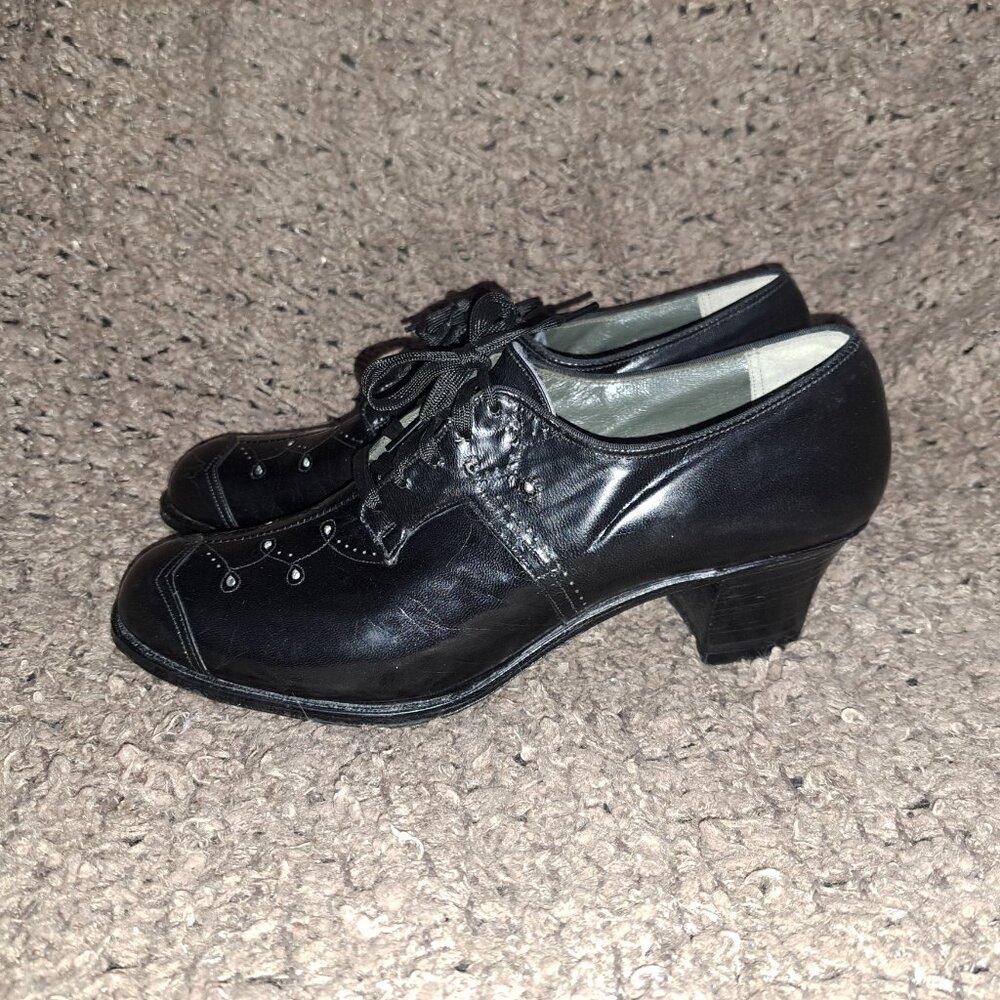 1940's Vintage-DR. SCHOLL'S-Black Leather Granny Heels-Cut-Outs-Sz 7-Near Mint - Picture 2 of 8